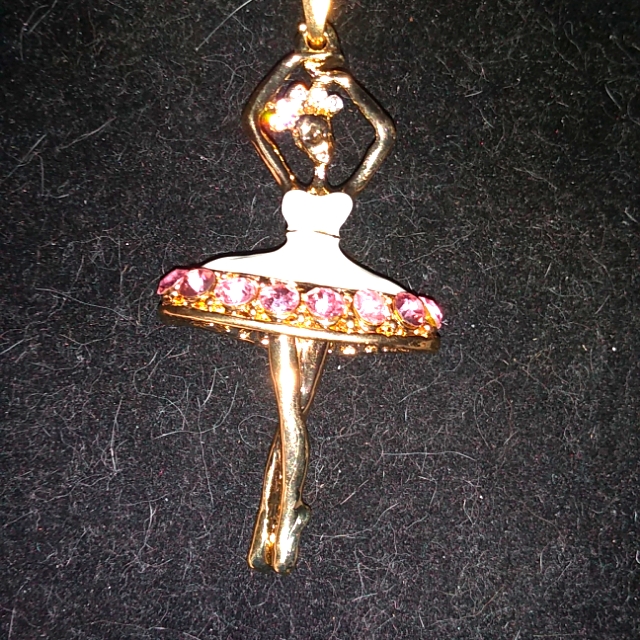 Pink Crystal And White Enamel Ballerina Pendant Necklace 15$